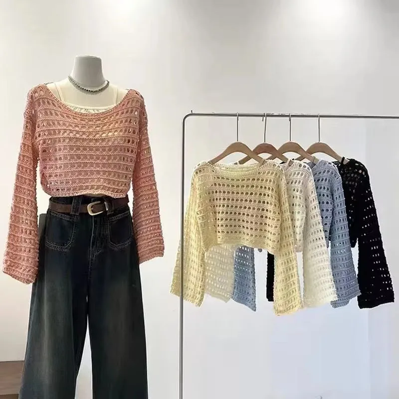 New Cropped Pullovers 2026 Women's Clothing Hollow Out Sun Protection Jumper Pull Femme Long Sleeve Knitted Sweater Sueter Mujer