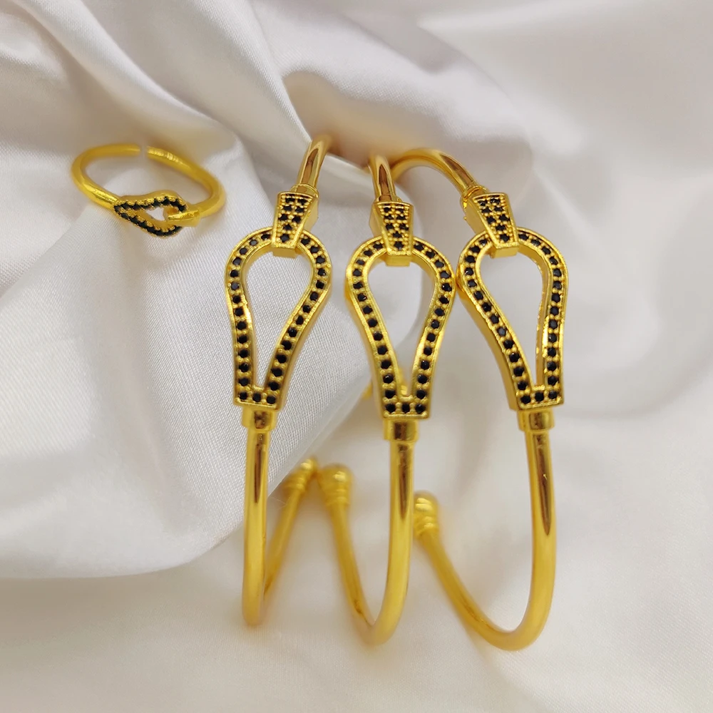 Fashion 3pcs Bangles with Ring Luxury Gold Color Black Zircon Charm Bracelet for Women African Wedding Hand Jewelry Party Gifts image 6