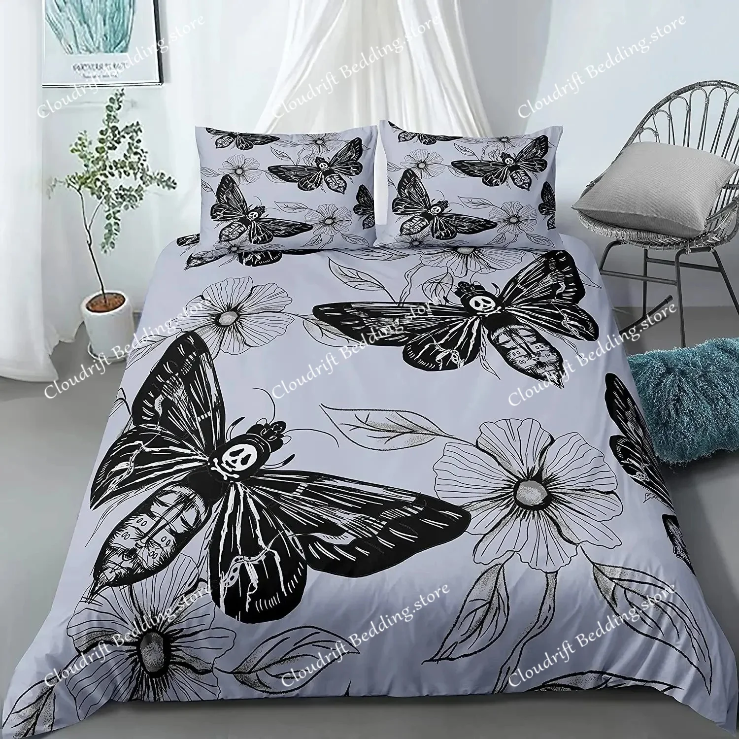 Death Moth Duvet Cover Set King Queen Full Twin Size Galaxy Sun And Moon Polyester Comforter Cover Boho Gothic Skull Bedding Set