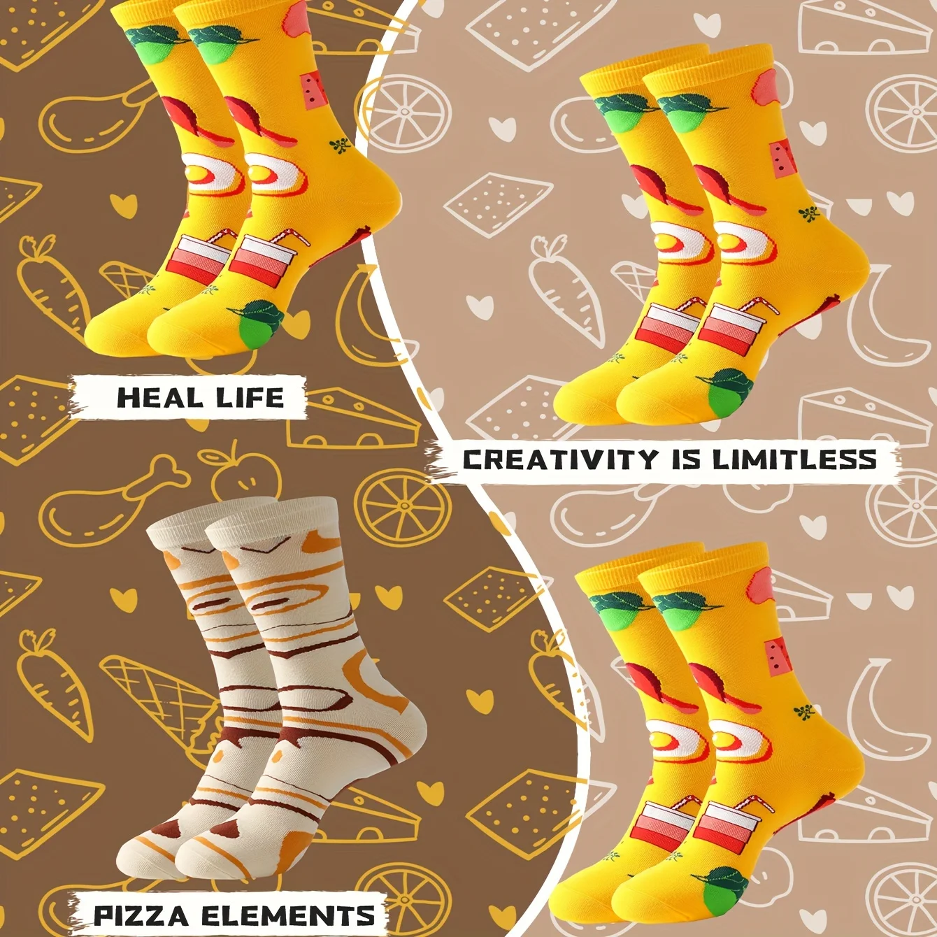

Four pairs of unique pizza personalized patterns for men and women, gift socks for friends on Halloween, all season collection