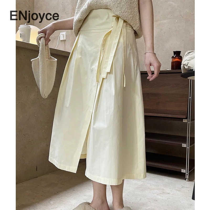 

ENjoyce Vintage Double Bandage A-Line Skirts Women Korean Fashion High Waist Long Skirt Loose Split Swing Hem Skirts Spring Fall