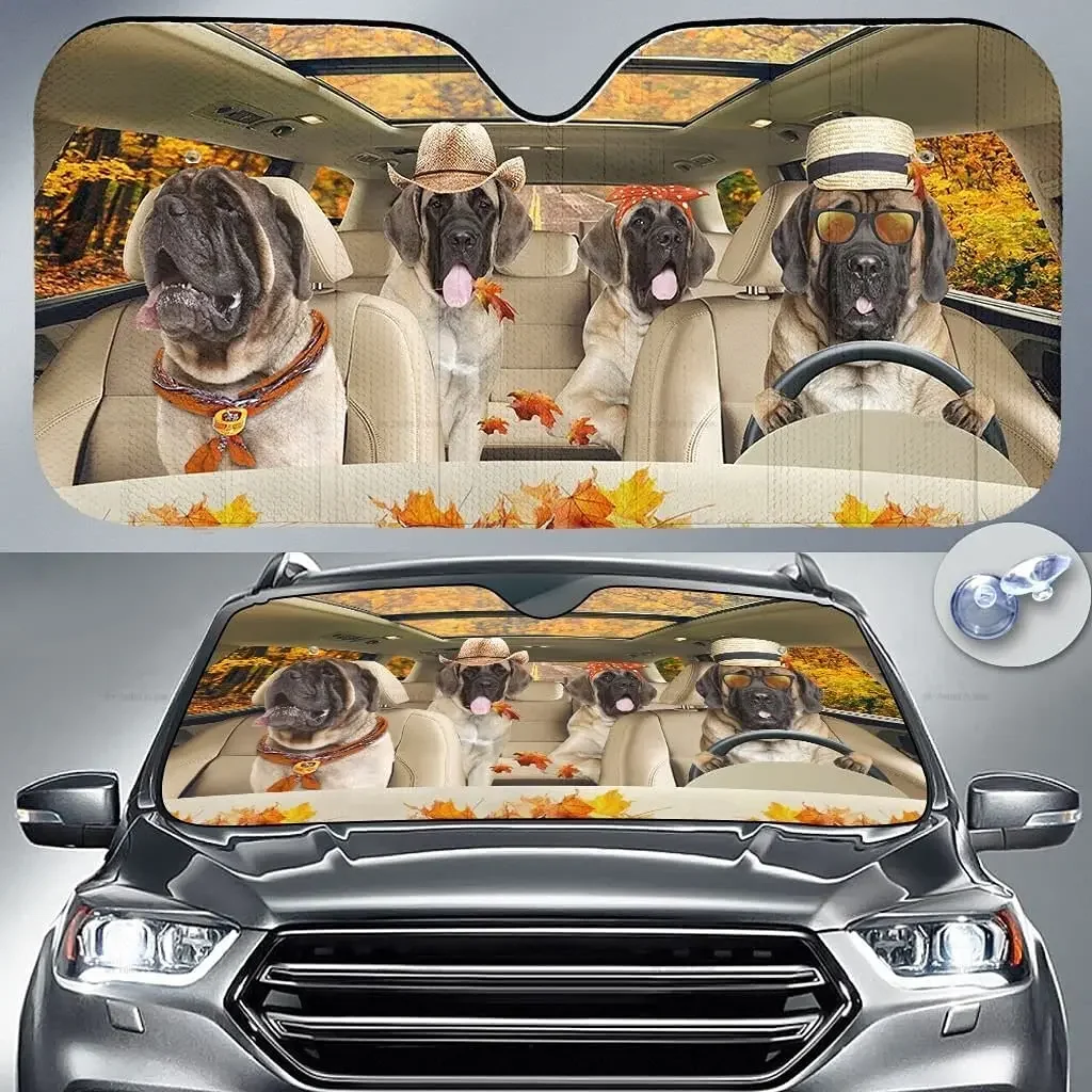 Funny English Mastiff Family Driving On Autumn Leaves Car Sunshade Windshield Window, Gift for Dog Lover, Car Windshield Durable