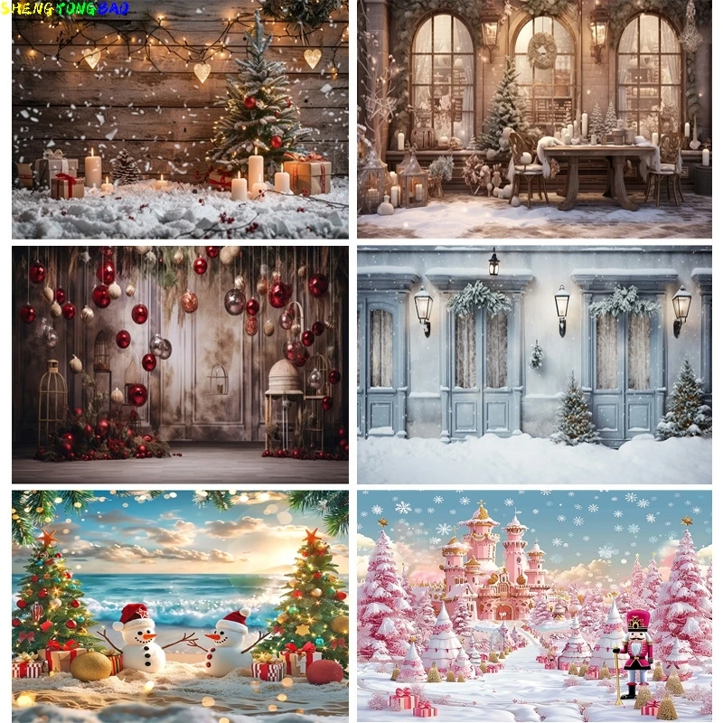 

Christmas Tree With Gift Boxes Photography Backdrops Winter Snow Decorations Wooden Door Fireplace Room Background Props WR-15