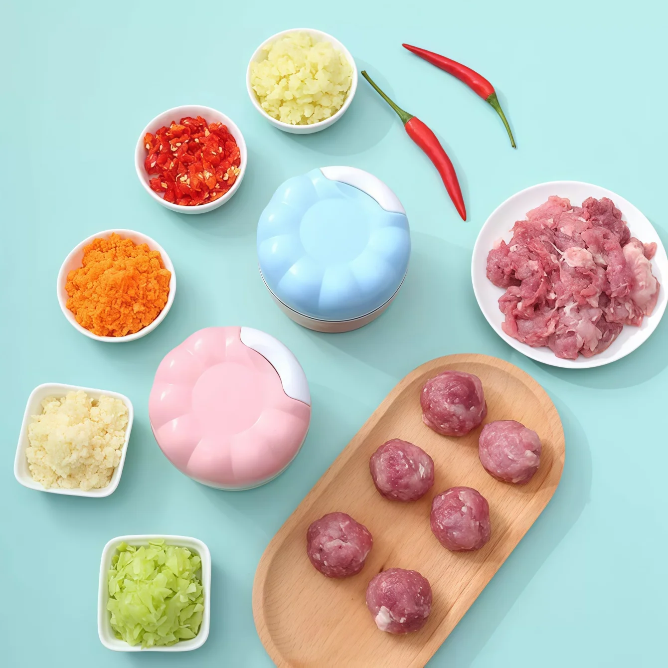 قطعة واحدة من قطاعة الخضراوات اليدوية مع حاوية، قطاعة الخضروات بسلسلة سحب يدوية لسلطة الثوم والبصل والمفرمة اليدوية