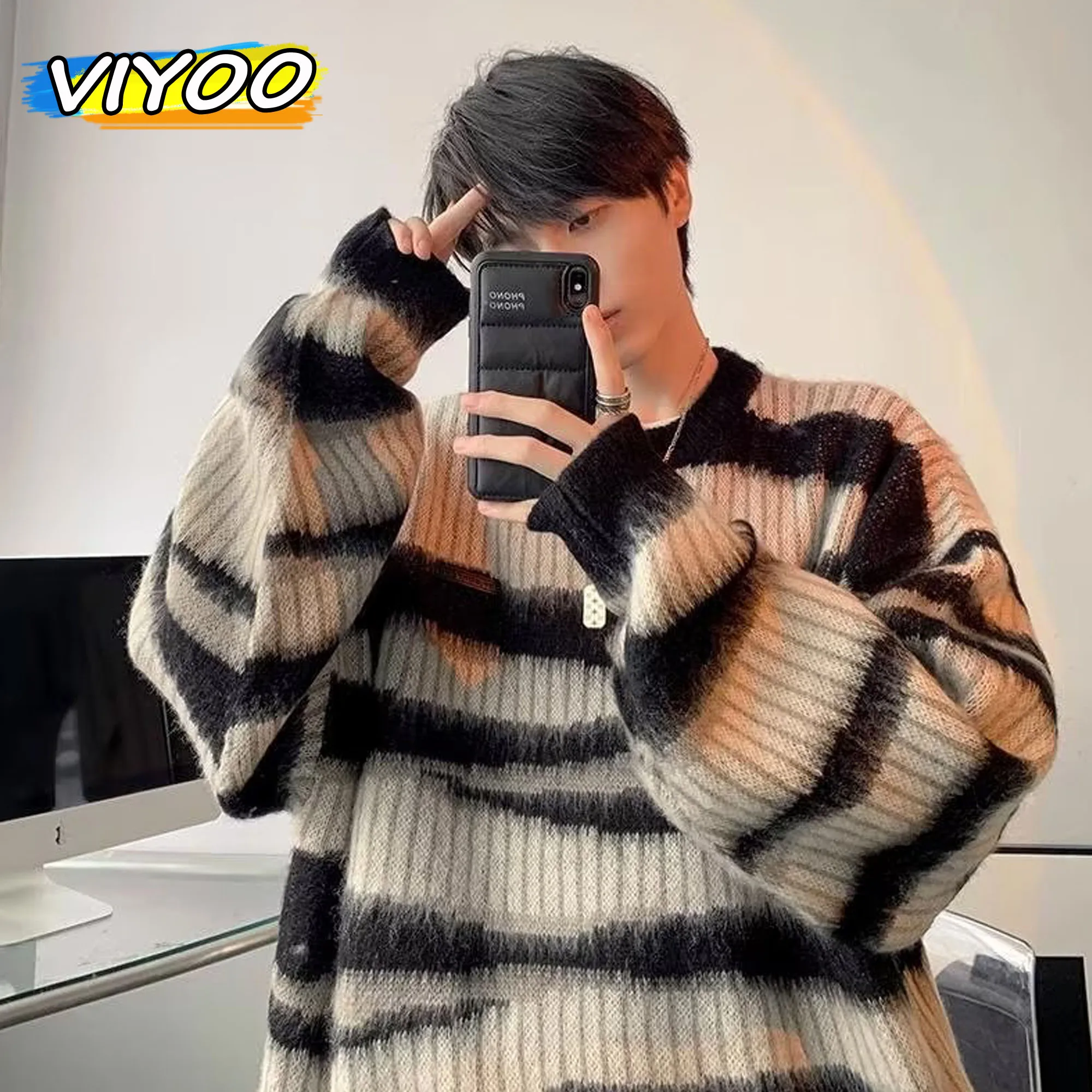 Men\'s Y2K Blue Vintage Striped Knit Knitwear Couple Sweater Sweatshirts Korean Autumn Winter Clothes Pullovers Blouse Tops Men