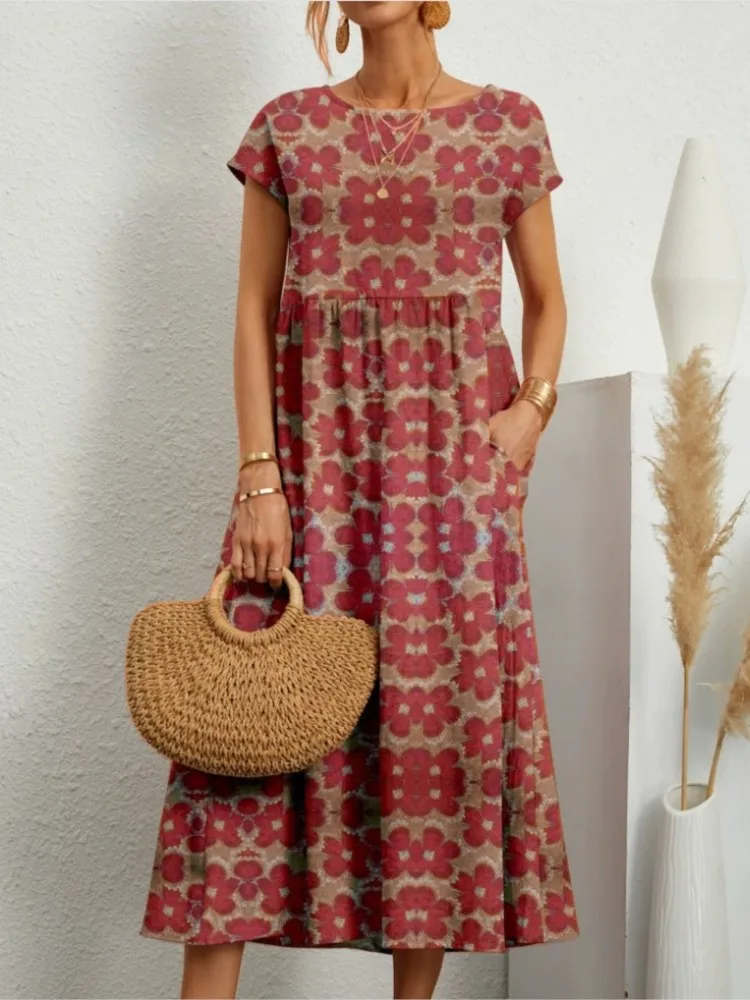 Letnia Nowość Damskie Sukienki Codzienne Modne Sukienki z Dekoltem O-neck Krótki Rękaw Elegancka Sukienka Modna Sukienka Boho Kombinacja Vintage Długa Sukienka