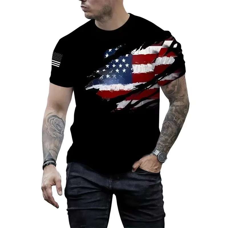 3D Digital Print Men T Shirt 2026 Summer Casual Outdoor Tee European American Style Five Pointed Star Pattern Short Sleeve