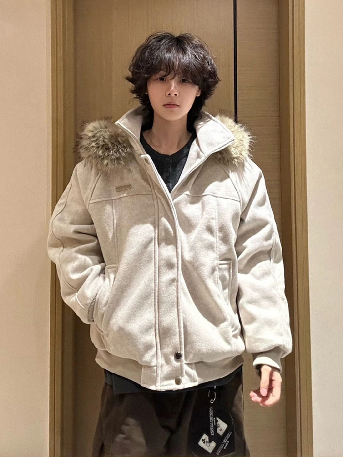 

American Sle Hooded Men's Cotton Jaet Winter Thi Warm Woolen Coat ort Faionable Lapel Long Sve Straight Hemline