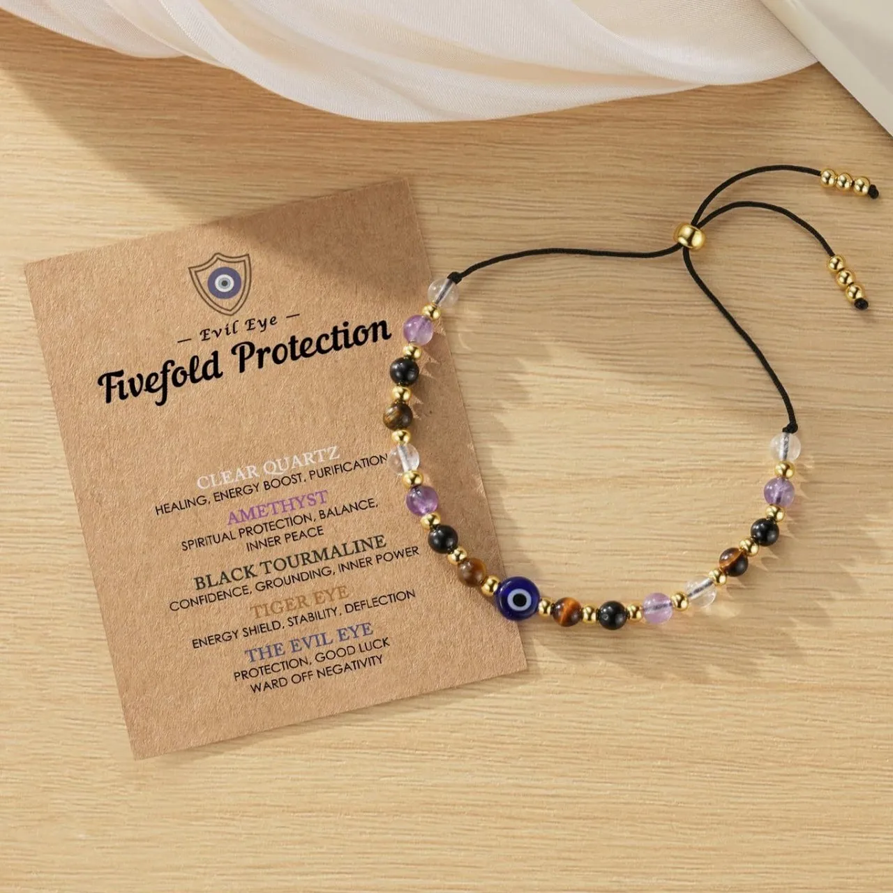 Evil Eye Beaded Bracelet for Women, Drawstring Pull Cord, Faceted Beads with Gold Tail Bead, Fashion Jewelry