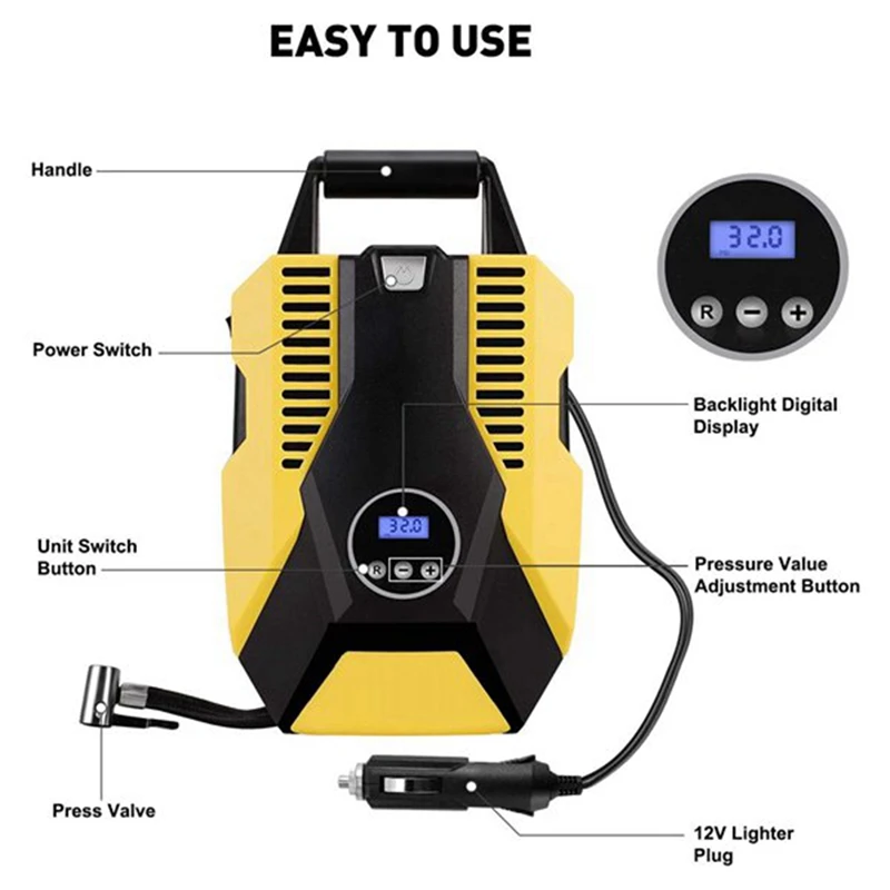 Digital Tire Inflator Electric Air Pump Handheld Air Pump DC 12V 150PSI Auto Shut Off With Emergency LED Flasher For Car Bicycle