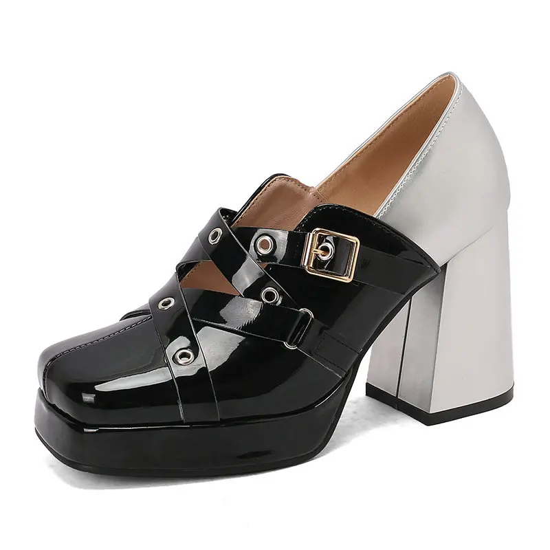 New Patent Leather Color Blocked Mary Jane Belt Buckle Women Single Shoes Thick Soled Coarse Heel Commuting Banquet High Heels