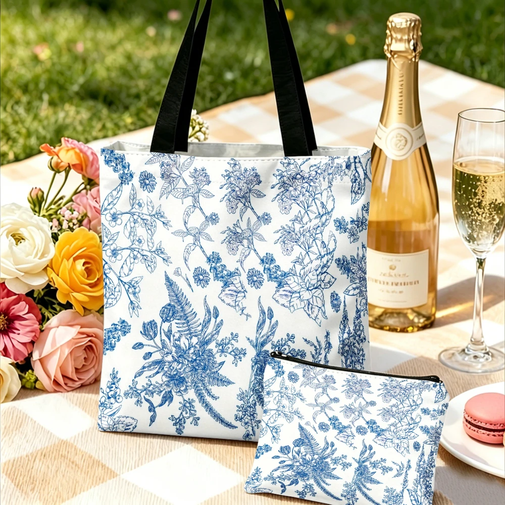 Floral Print Handbag Blue And White Botanical Pattern Tote Bags And Makeup Bag Combination Use Women Shopping Portable Pouch