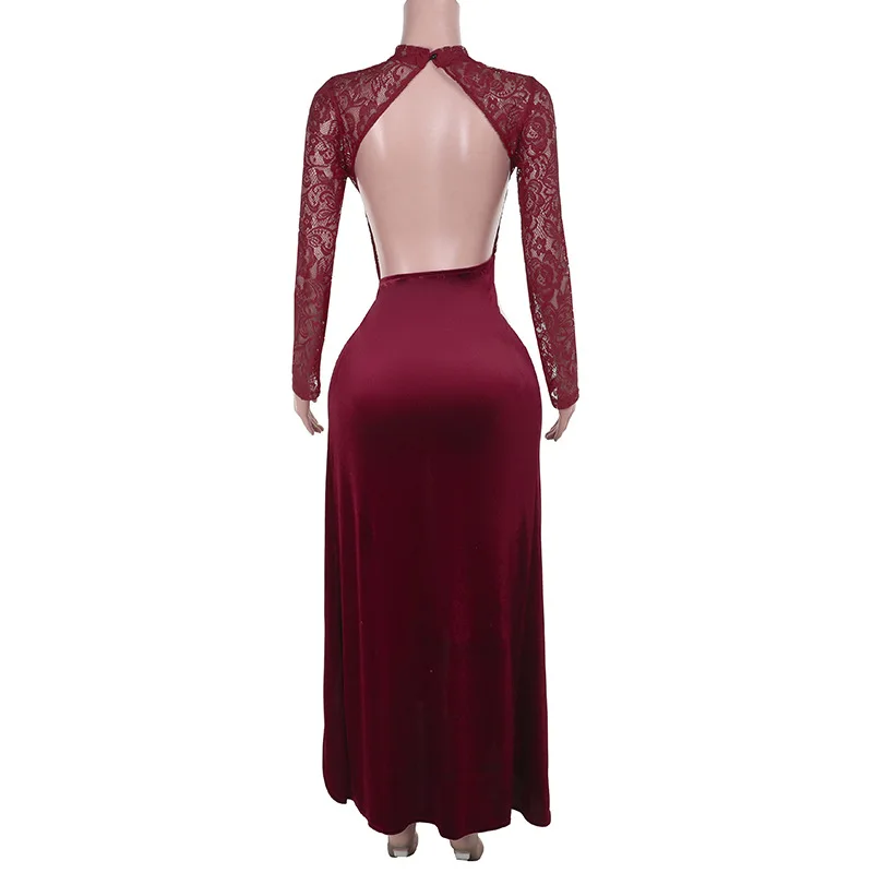 DSMTRC Abito lungo senza schienale a maniche lunghe Vino rosso O Collo Sheer Slit Club Party Abiti lunghi Donna Patchwork di pizzo Velluto Abito maxi sexy