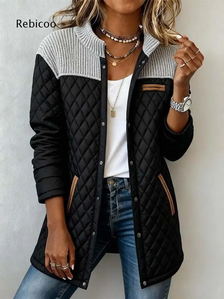 Womens Stand Collar Quilted Outerwear Knit Splicing Design Snap Button Front Multi Pockets Loose Mid Coat For Street Daily Look