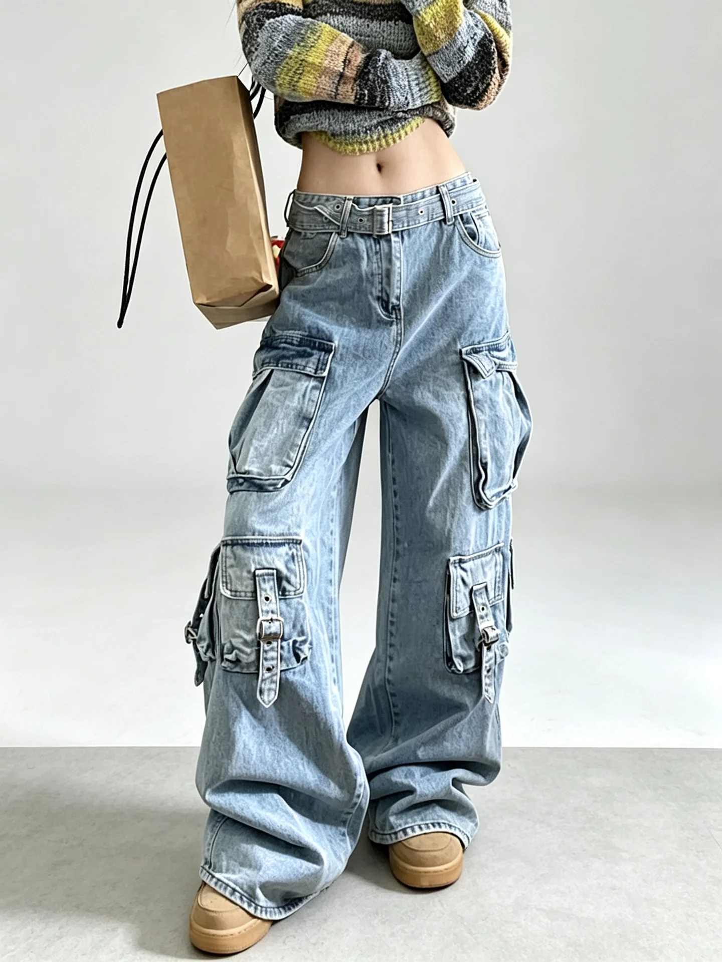 High Waist Wide Leg Denim Jeans Women's Loose Fitting Neutral Drop Crotch Long Trousers Multiple Pockets Street Vibe Design