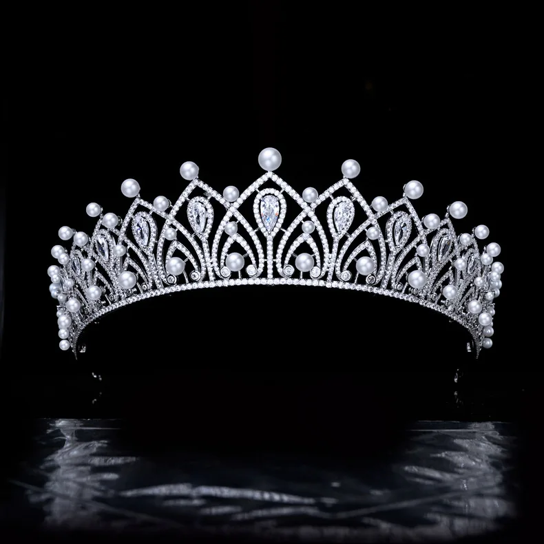 

High Quality Luxury Cubic Zirconia Pearl Bride Wedding Crown Tiara Hair Wedding Accessories HT21012