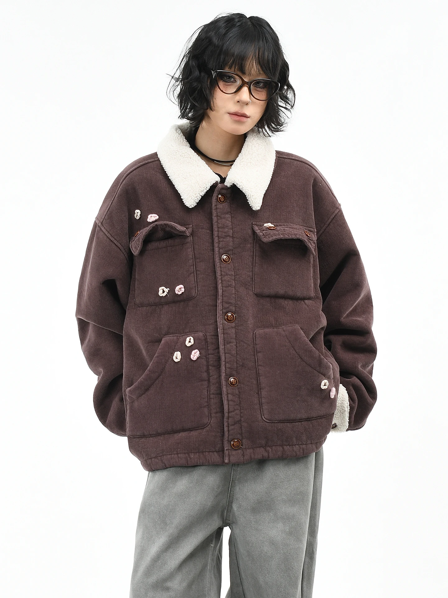 

OV Original American Retro Corduroy Fce Lined Cotton Jaet Women's Winter Multi ket Warmth Men's Trendy Cotton Coat