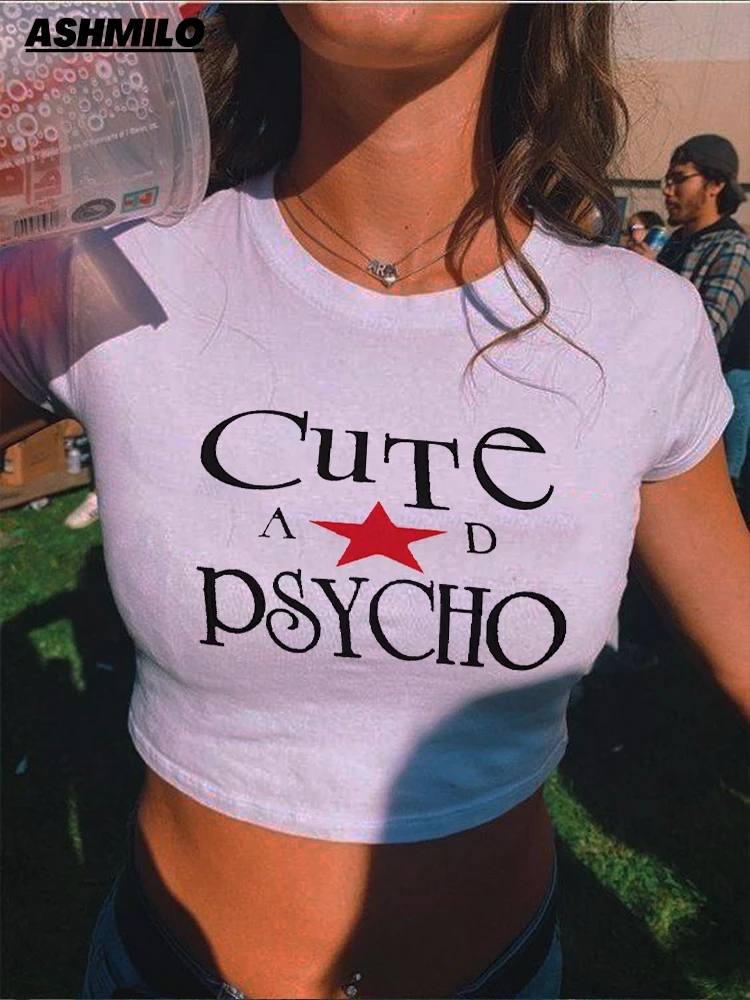 Women T-Shirt Cute And Psycho Letter Print Star Girl Funny Y2K Crop Top Summer Baby Fashion Cute Baby Streetwear