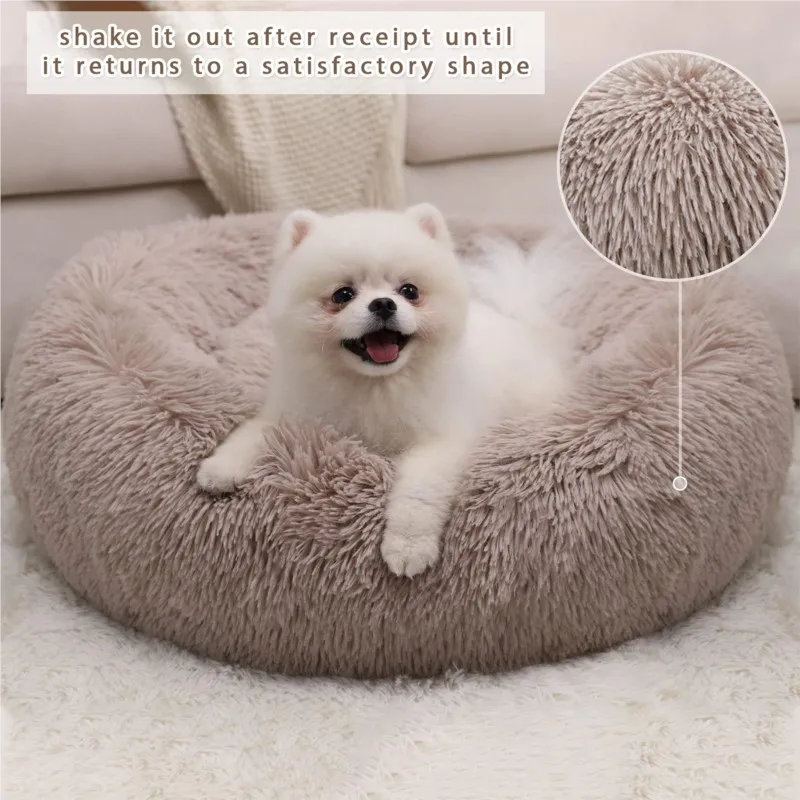 Calming Dog Bed for Small Dog & Cat, Comfy Washable Round Plush Puppy Bed with Fluffy Faux Fur for Anti Anxiety and Cozy