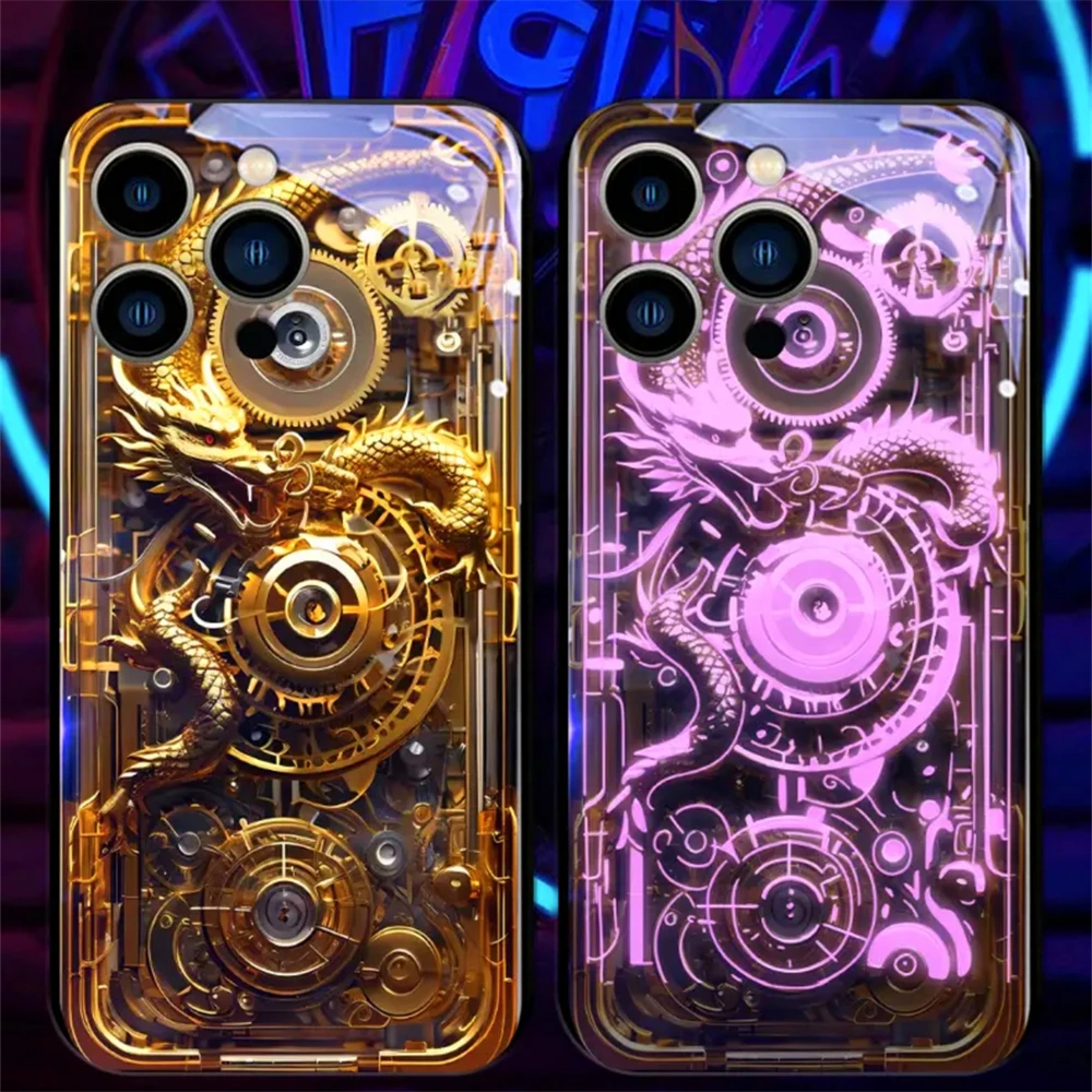 Mech Golden Dragon Sound Control LED Flash Case Luminous Glass Cover For Samsung S25 S24 S23 S22 S21 S20 FE Note Plus 20 Ultra