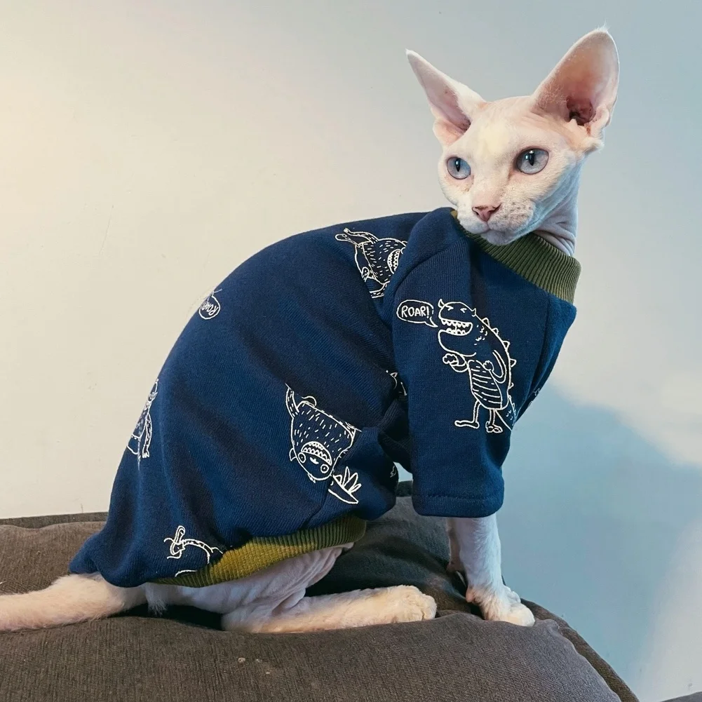 Cat Clothing Dark Blue Cotton T-Shirt for Male Cat Long Sleeves Dinosaur Coat for Sphynx Cat Soft Pajamas for Kittens in Spring