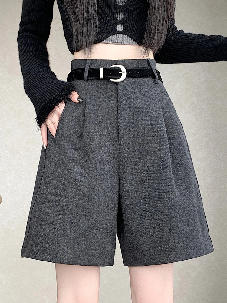 Female autumn and winter new elastic waist loose slimming A-line wide leg five quarter pants commute woolen suit shorts