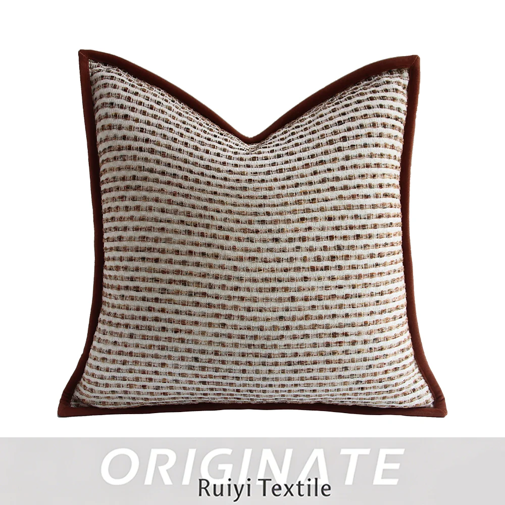 RUIYI Luxury Thin Brown Striped Square Cushion Cover Velvet Piping Throw Pillow for Sofa Living Room Home Decor