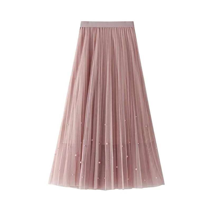 Greenora New Yarn Skirt Spring Autumn Women's High Waist Slim A-line Skirt Studded Bead Pleated Mesh Mid Length Half Length Skir