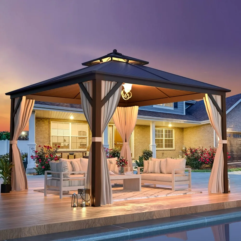 

12'x12' Hardtop Gazebo Galvanized Steel Outdoor Gazebo Canopy Double Vented Roof Pergolas Aluminum Frame with Netting