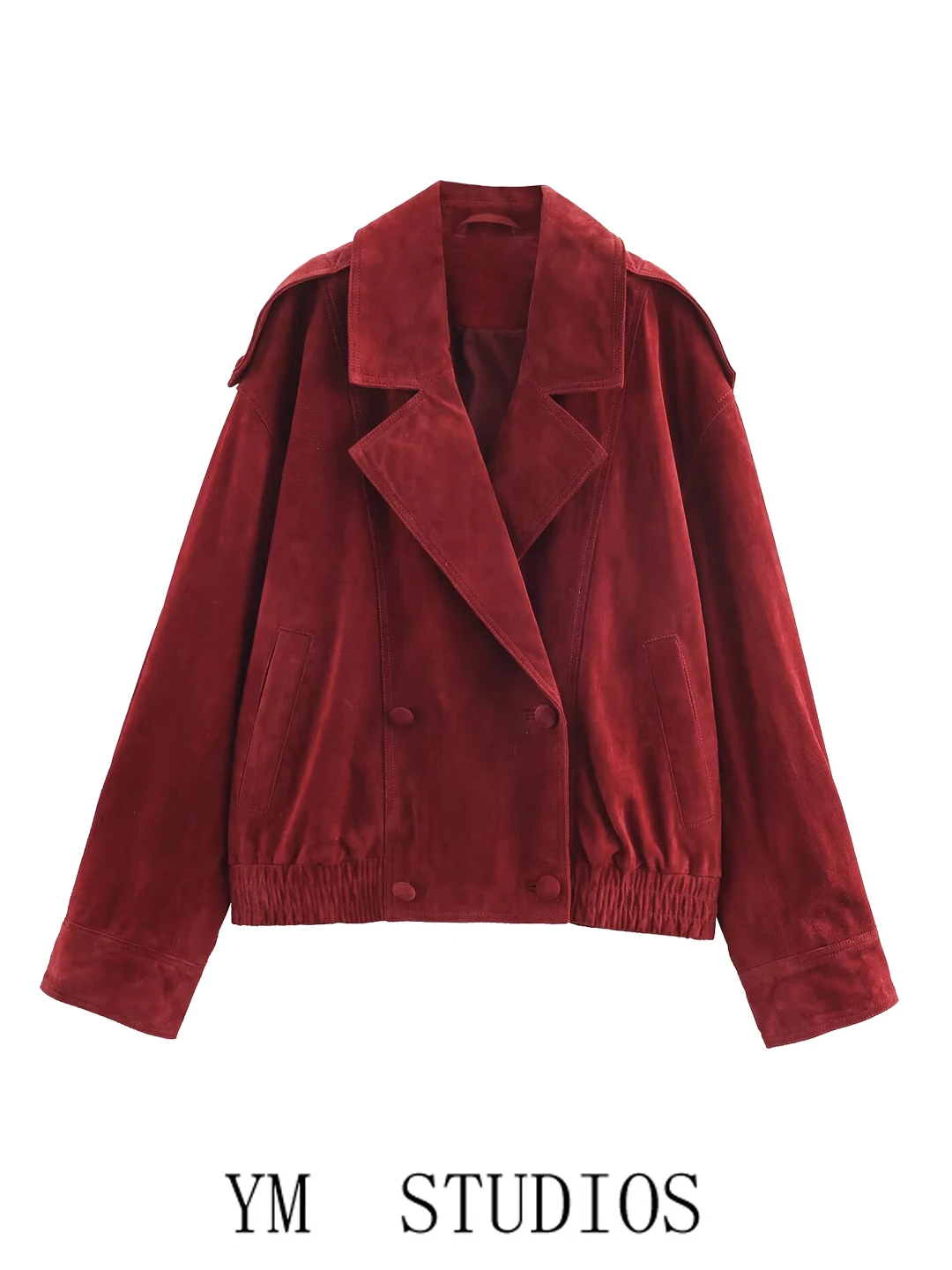 

Women's Retro Hong Kong Style Short Jacket Loose Fit Double Breasted Faux Suede Red Outerwear Spring 2026 Long Sleeve Suit Co...