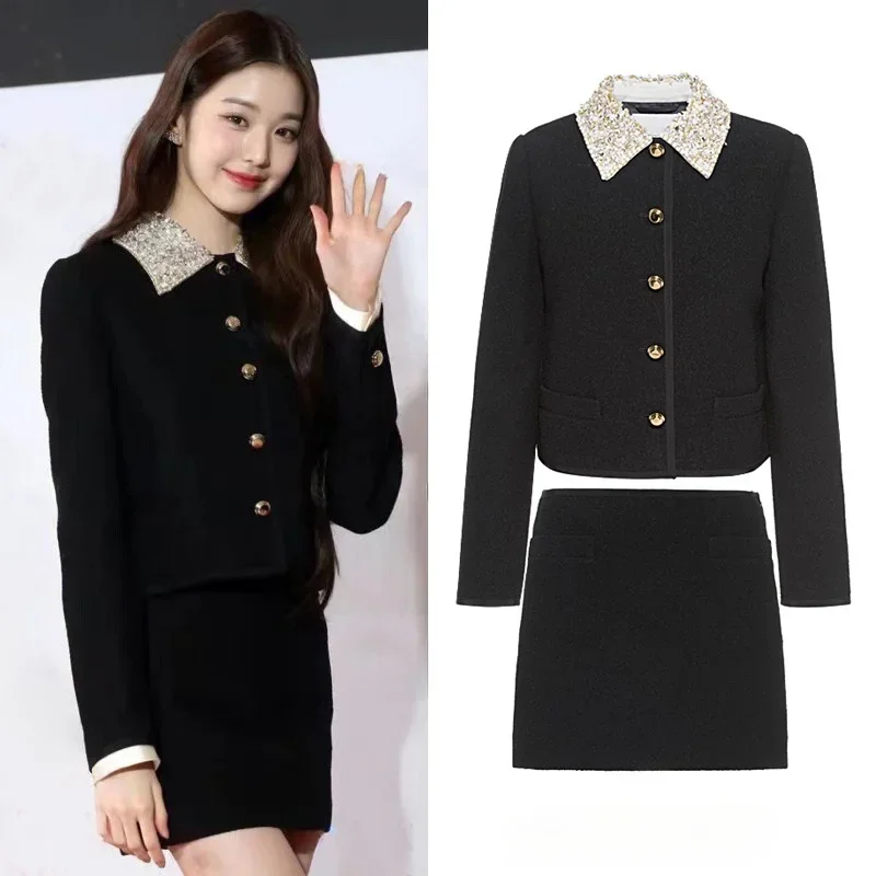 

Kpop IVE Jang Won Young Black Small Incense Wind Suit Women's Autumn Short Cardigan Jacket High Waist A-line Skirt Two Piece Set