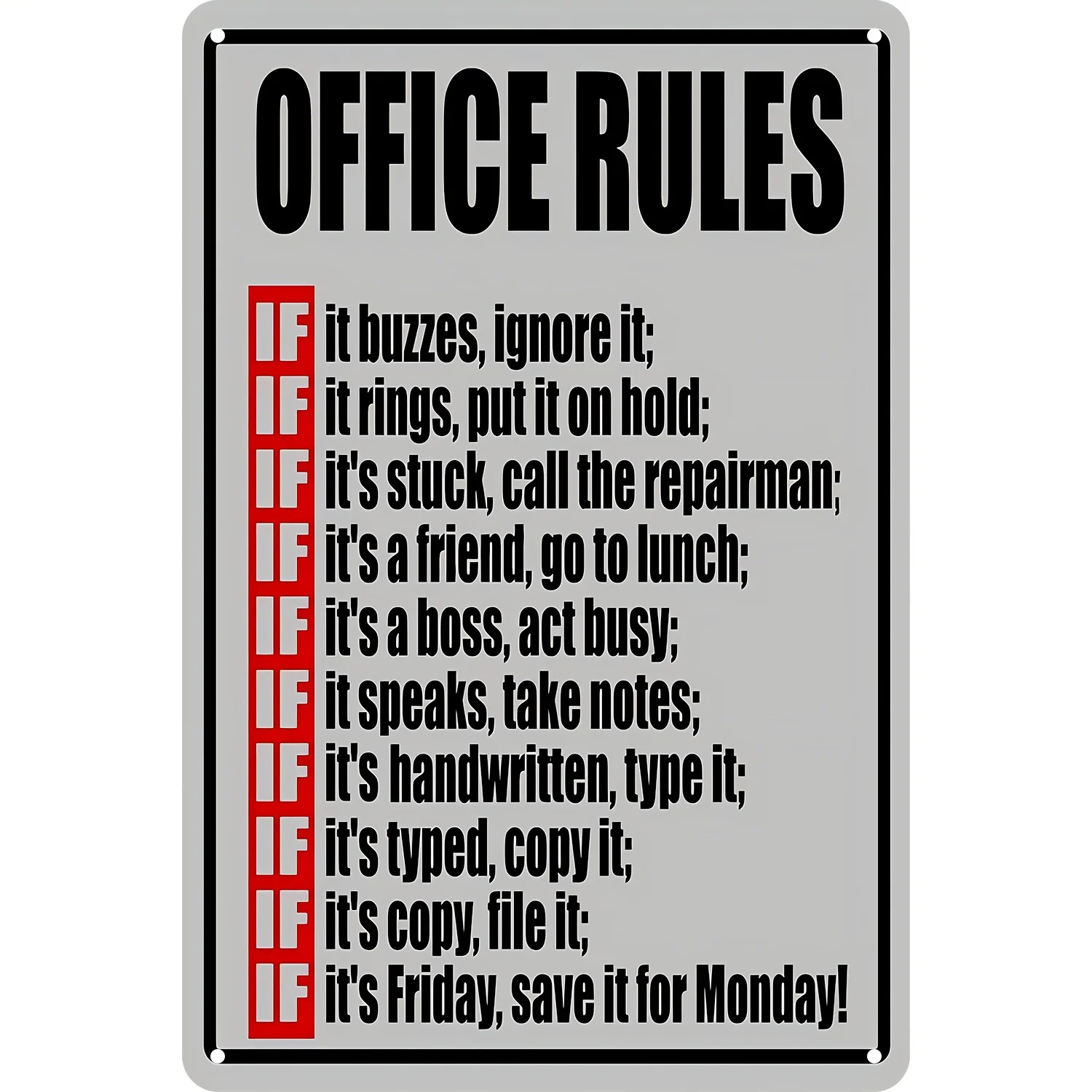 Humorous Office Rules Metal Sign - Vintage Wall Decor for Home, Bar, Man Cave | , Playful Workplace Introduction Plaque, Office