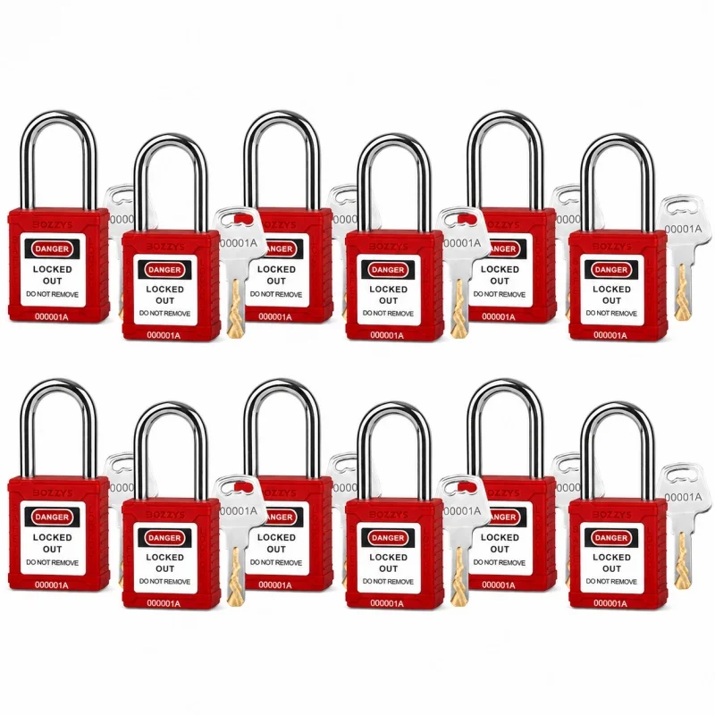 BOZZYS Lockout Locks, 12Pcs Red LOTO Safety Padlocks Keyed Alike, 1 Key Per Lock, Non-Conductive Nylon Body, 304 Stainless Steel Shackle, Brass Key Retaining Core, Tri-Language Warning Labels