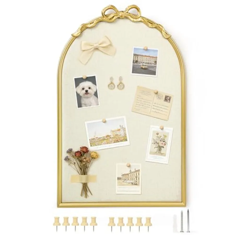 

Большая винтажная арочная доска для объявлений с антикварным золотым бантом и металлической рамкой, льняная тканевая доска для заметок, декоративная настенная доска для сообщений