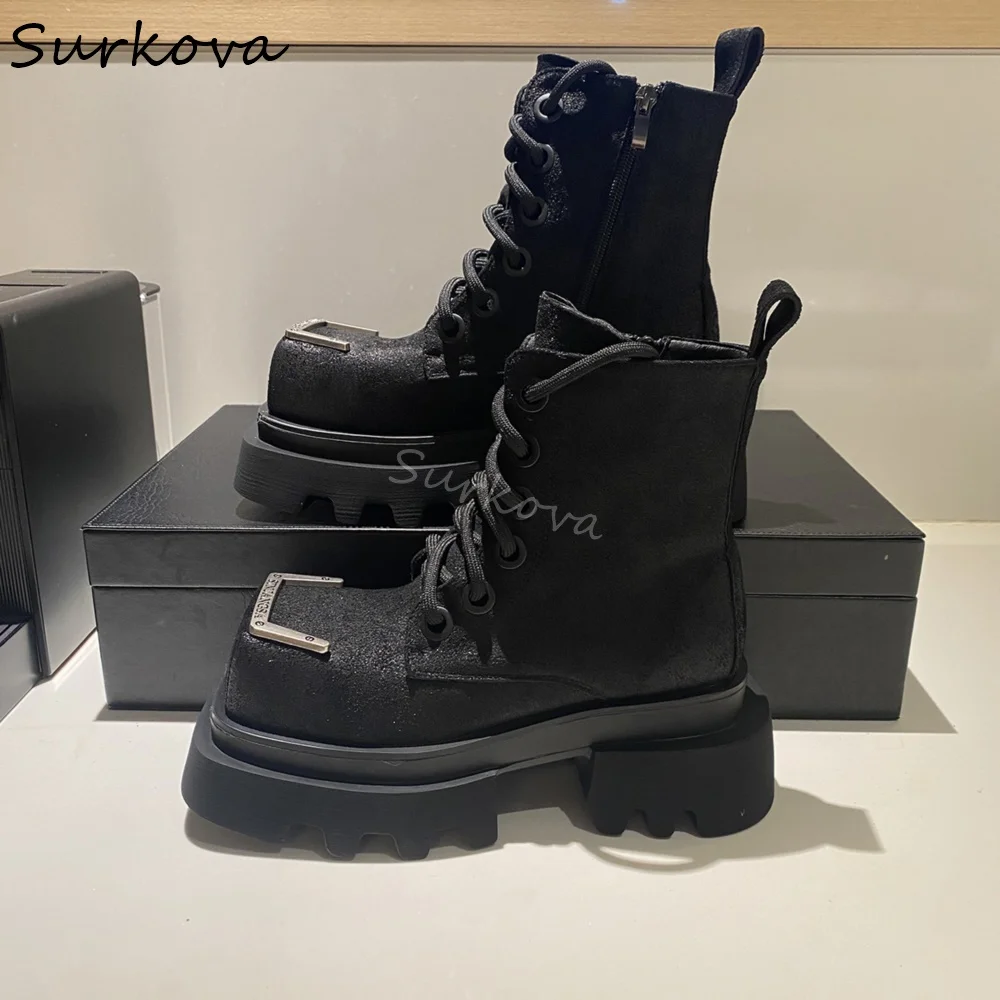 Metal Decoration Square Toe Motorcycle Boots Women Platform Cross Strap Side Zipper Rubbed Color Mid Calf Boots Retro Heavy Boot