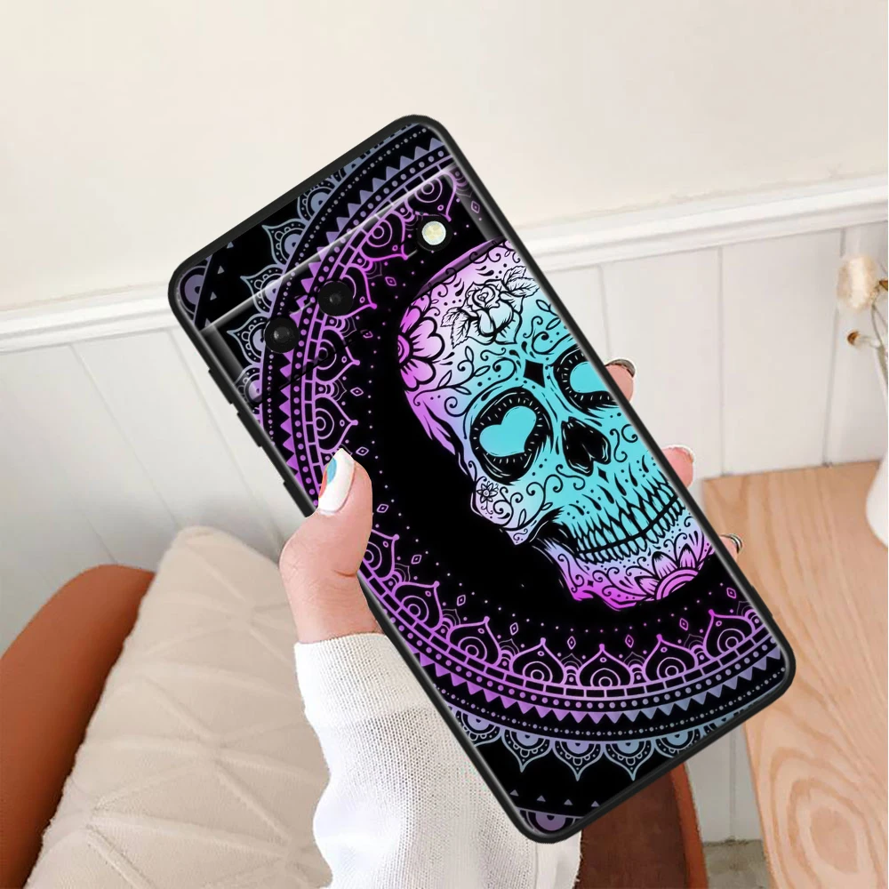 Roses Skull Art Cool For Google Pixel 8 7A 7 6A 6 5A 5 4 4A XL 5G Black Silicon Shockproof Shell Cover Phone Case