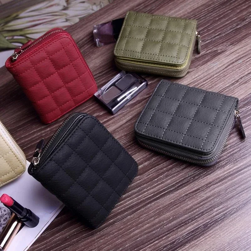 Women Short Wallets PU Leather Female Plaid Purses Solid Card Holder Wallet Fashion Woman Small Zipper Wallet with Coin Purse