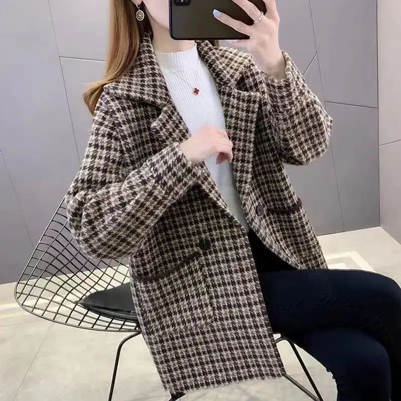 Jacket Korean Style Tweed Blazer Woman Plaid Outerwears Check Wool & Blend Coats for Women Casual Luxury Clothing In Promotion