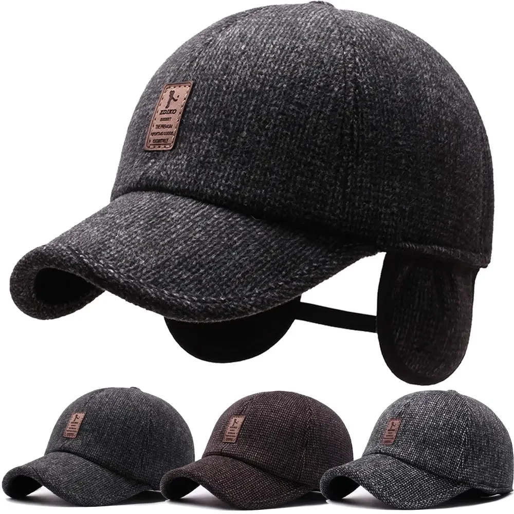 

Baseball Cap Woolen Knitted Winter Ear Cover Baseball Cap Men Thicken Warm Hats with Earflaps Sport Golf Hats Snapback