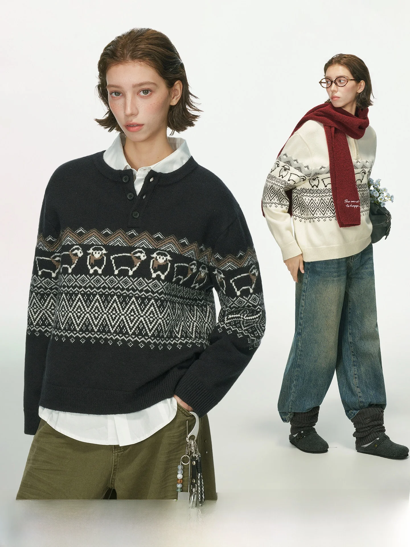 Dream Made Fair Isle Sheep Embroidered Knitwear Unisex Henry Collar Inner Wear Couple's Sweater Spring Autumn Commute Style