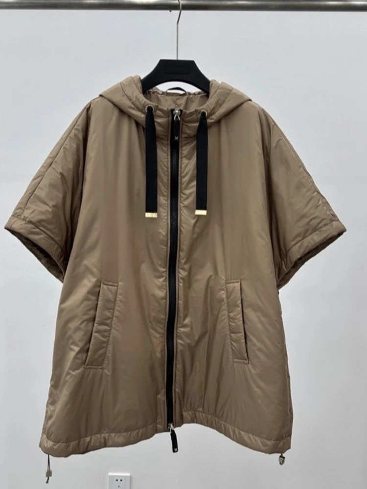 

Women Cape Hood Down Jacket 2025 New Loose Mid-Length Half Sleeved Vest Fashion Street Thick Warm White Duck Puffer Coat Winter