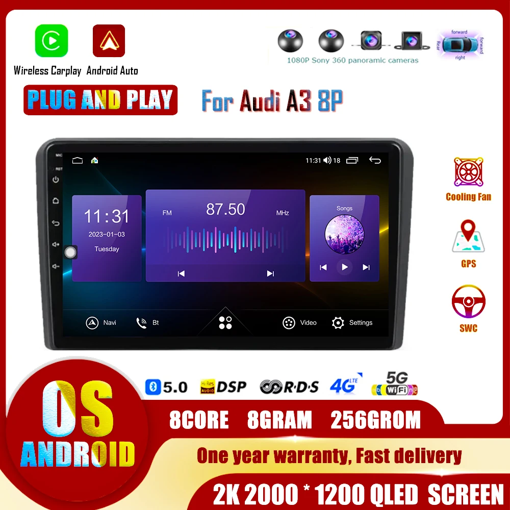 For Audi A3 8P S3 RS3 Sportback 2003 -2013 Radio Android 14 Carplay Car Multimedia Player Auto Navigation Stereo GPS BT WIFI DSP