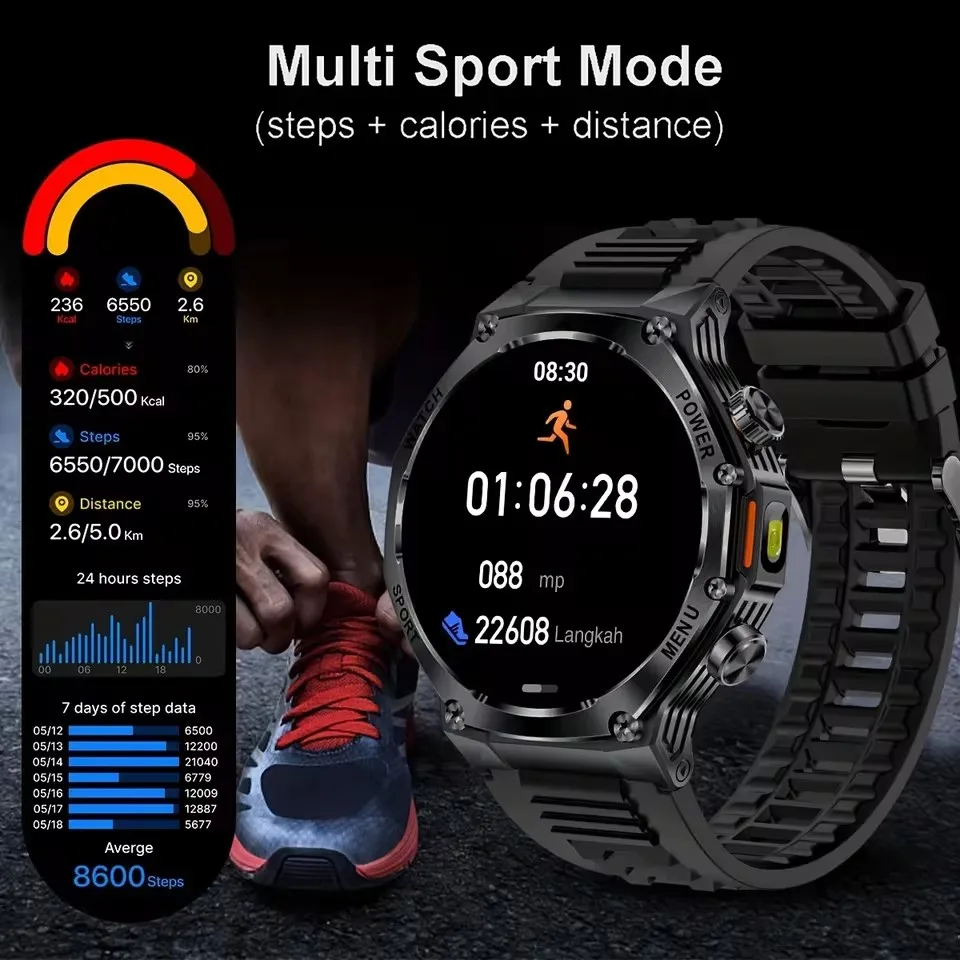 Jam Tangan Pintar Tahan Air 800 MAh Senter Luar Ruangan Baru 2025 untuk Pria Wanita Layar AMOLED HD 1.8 Inci Panggilan Nirkabel Olahraga Kebugaran
