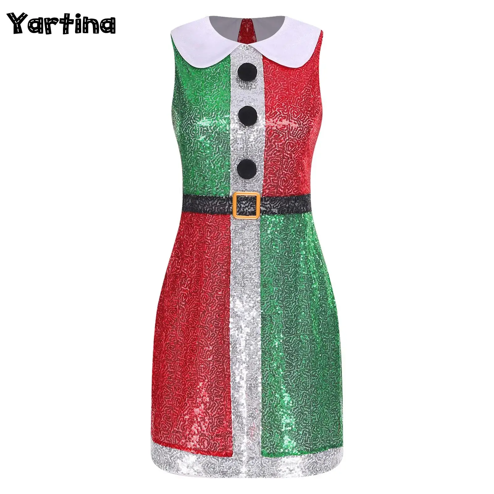 

Adults Womens Santa Elf Christmas Cosplay Costume Sparkly Sequins Turn Down Collar Back Invisible Zipper Slim Hip Bodycon Dress