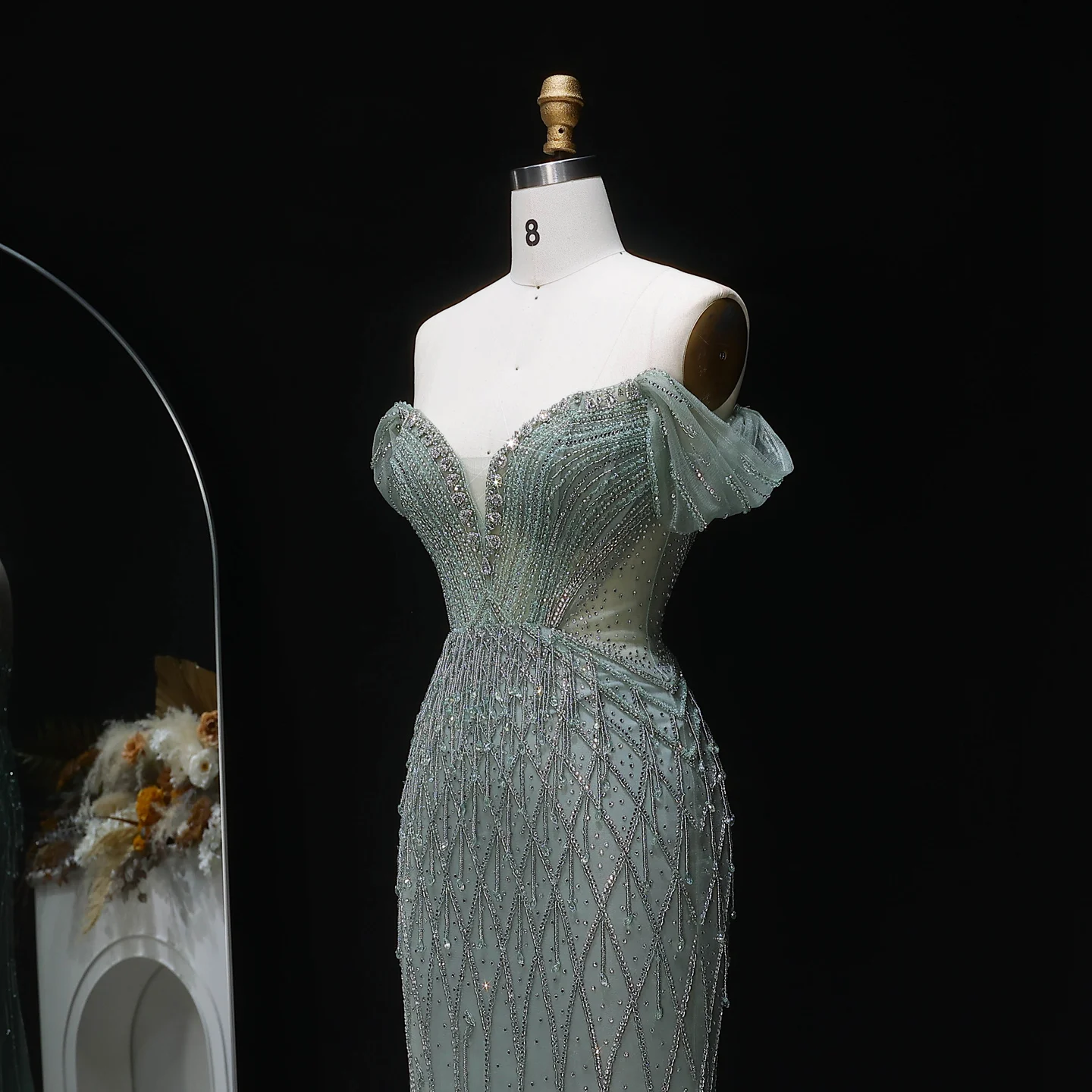 Sharon Said Atemberaubendes schulterfreies, rosafarbenes, mit Perlen besetztes Meerjungfrauen-Abendkleid mit Herzausschnitt, luxuriöses Dubai-Hochzeits- und Abschlussballkleid SS003, maßgeschneidert – Detail 11