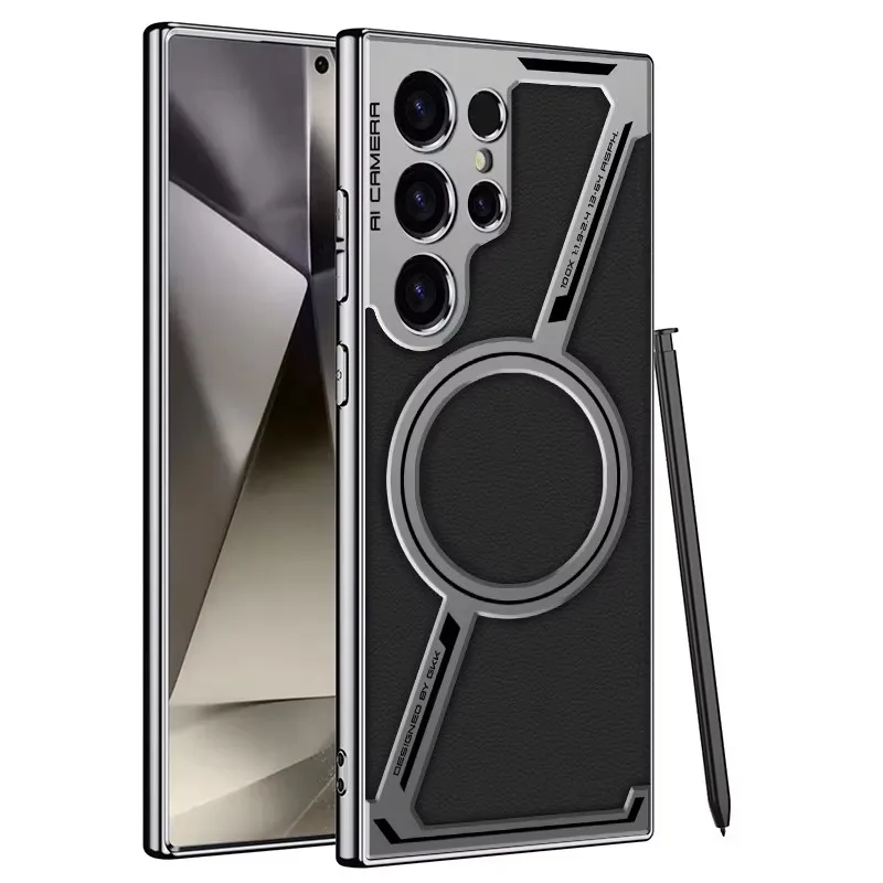 

Luxury Plating Plain Leather Phone Case For Samsung Galaxy S25 S24 S23 Ultra Magsafe Magnetic Wireless Charging Protective Cover
