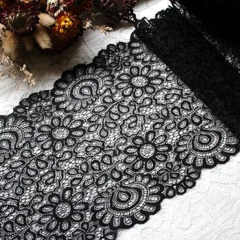 2Yards White Black Elastic Flower Lace Fabric DIY Crafts Sewing Decoration Accessories 22CM Wide