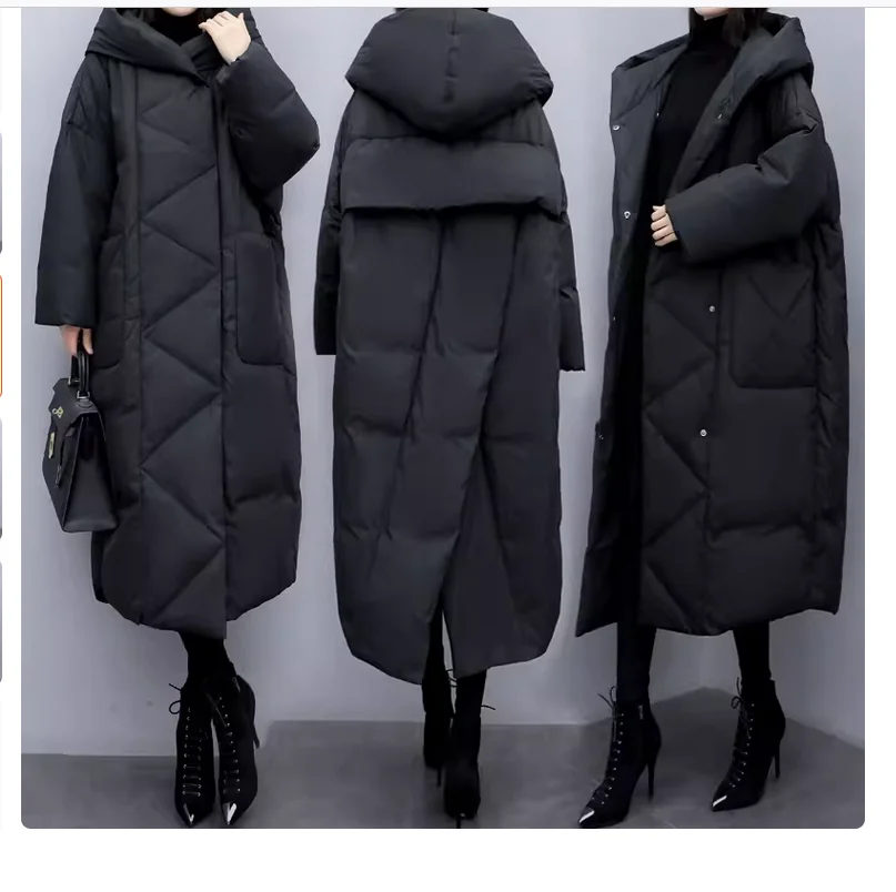 Winter loose fitting mid length knee length down jacket with thickened jacket