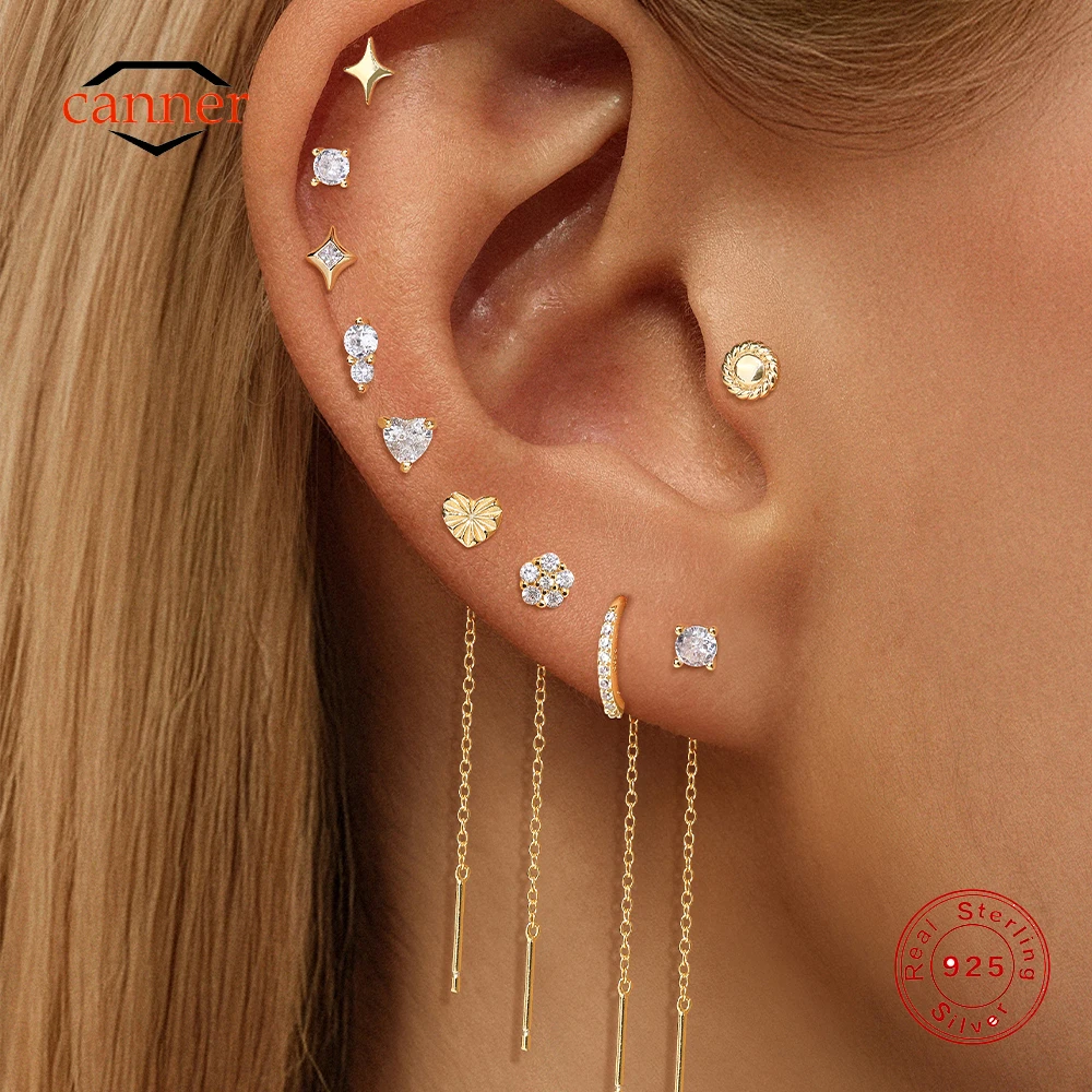 CANNER 1PC 925 Sterling Silver Geometric Zircon Heart Flat Head Cartilage Piercing Earring For Women Ins Classic Tassel Earring