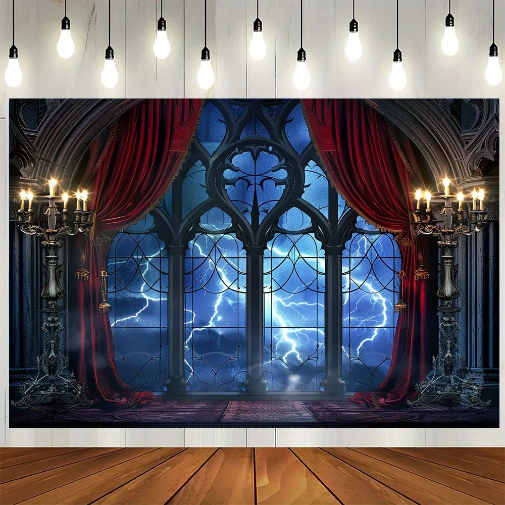 VIKAMA Halloween Royal Gothic Wandteppich, Blitz, Fenster, Wohnzimmer, Schloss-Stil, dunkle dekorative Kunst, Wandhintergrund